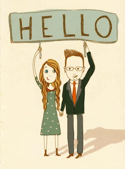 debs and jamie holding a sign that says "HELLO" - art by Elsa Mora